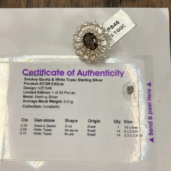 SMOKEY QUARTZ PENDANT WITH WHITE TOPAZ IN STERLING SILVER 5.62CTS 925 - Picture 5 of 10